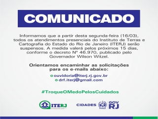 ITERJ suspende atendimento ao público e opera com quadro reduzido em atendimento ao Decreto 46.970/2020